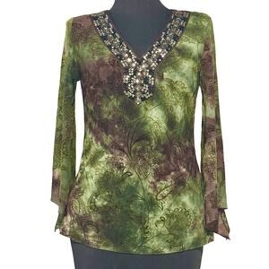 Y2K Sami Jo Womens Blouse Medium Green Brown Velvet Burnout Crystals Fairygrunge